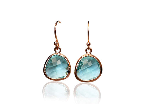Pair of earrings with blue gemstones and gold-colored settings on a white background
