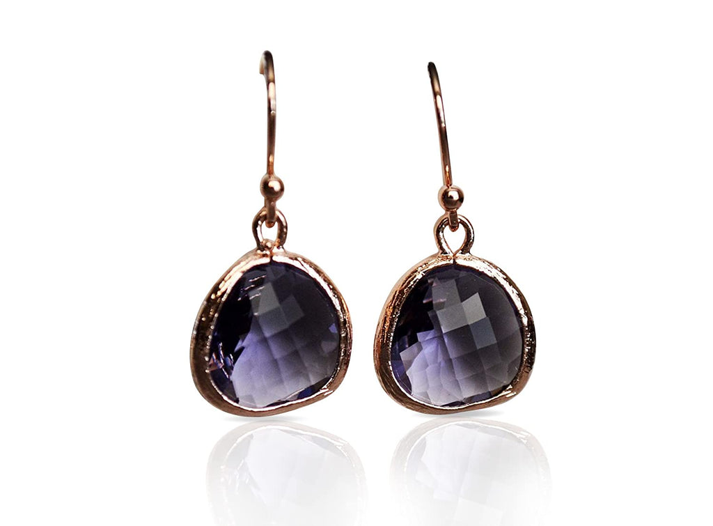Pair of purple teardrop earrings with rose gold frames on a white background