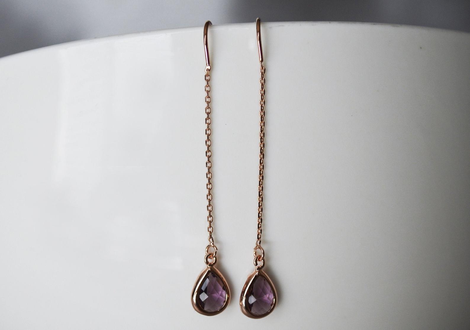 Amethyst Threader Earrings, Dainty Purple February Birthstone earrings, Amethyst Drop earrings, Bridesmaid earrings, February Birthday Gift