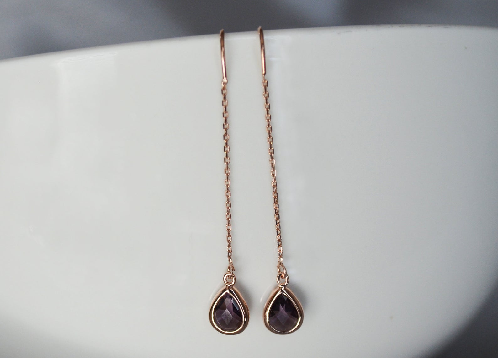 Amethyst Threader Earrings, Dainty Purple February Birthstone earrings, Amethyst Drop earrings, Bridesmaid earrings, February Birthday Gift