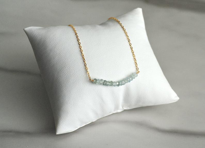 Aquamarine Beaded Bar Necklace, Dainty Aquamarine Necklace, March Birthstone Necklace, Bridesmaid Gift, March Birthday, Gift for Her