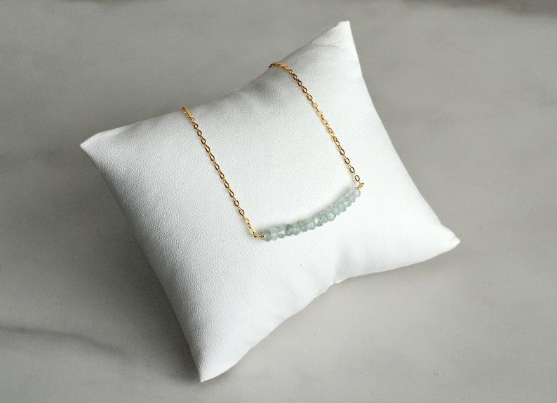 Aquamarine Beaded Bar Necklace, Dainty Aquamarine Necklace, March Birthstone Necklace, Bridesmaid Gift, March Birthday, Gift for Her
