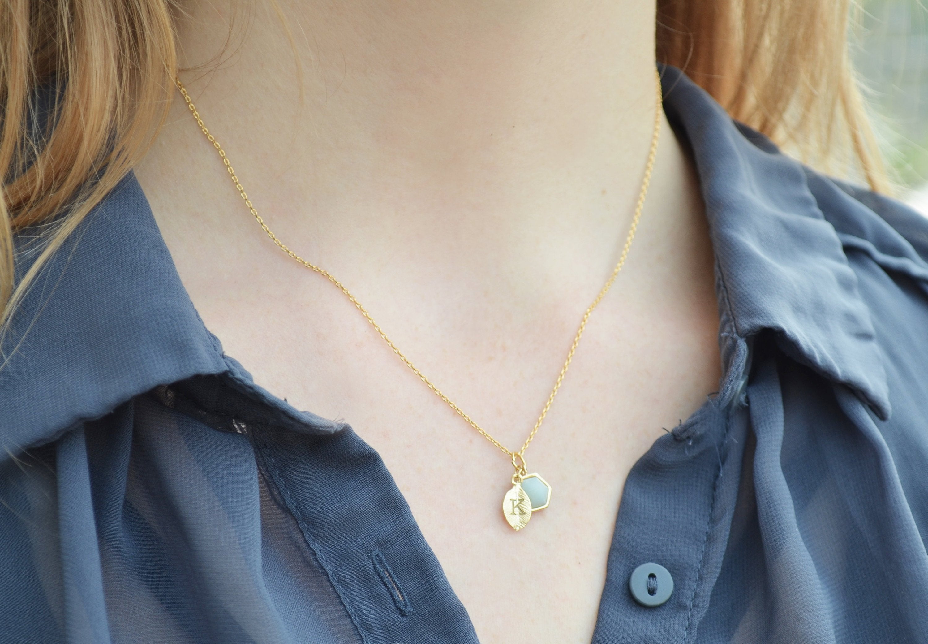 Personalized Hexagon Necklace, Leaf Necklace, Custom Initial Necklace, Birthstone Necklace