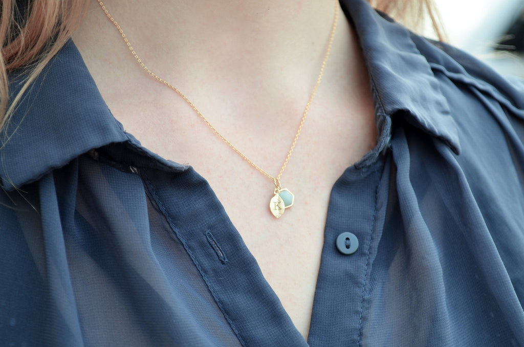 Personalized Hexagon Necklace, Leaf Necklace, Custom Initial Necklace, Birthstone Necklace