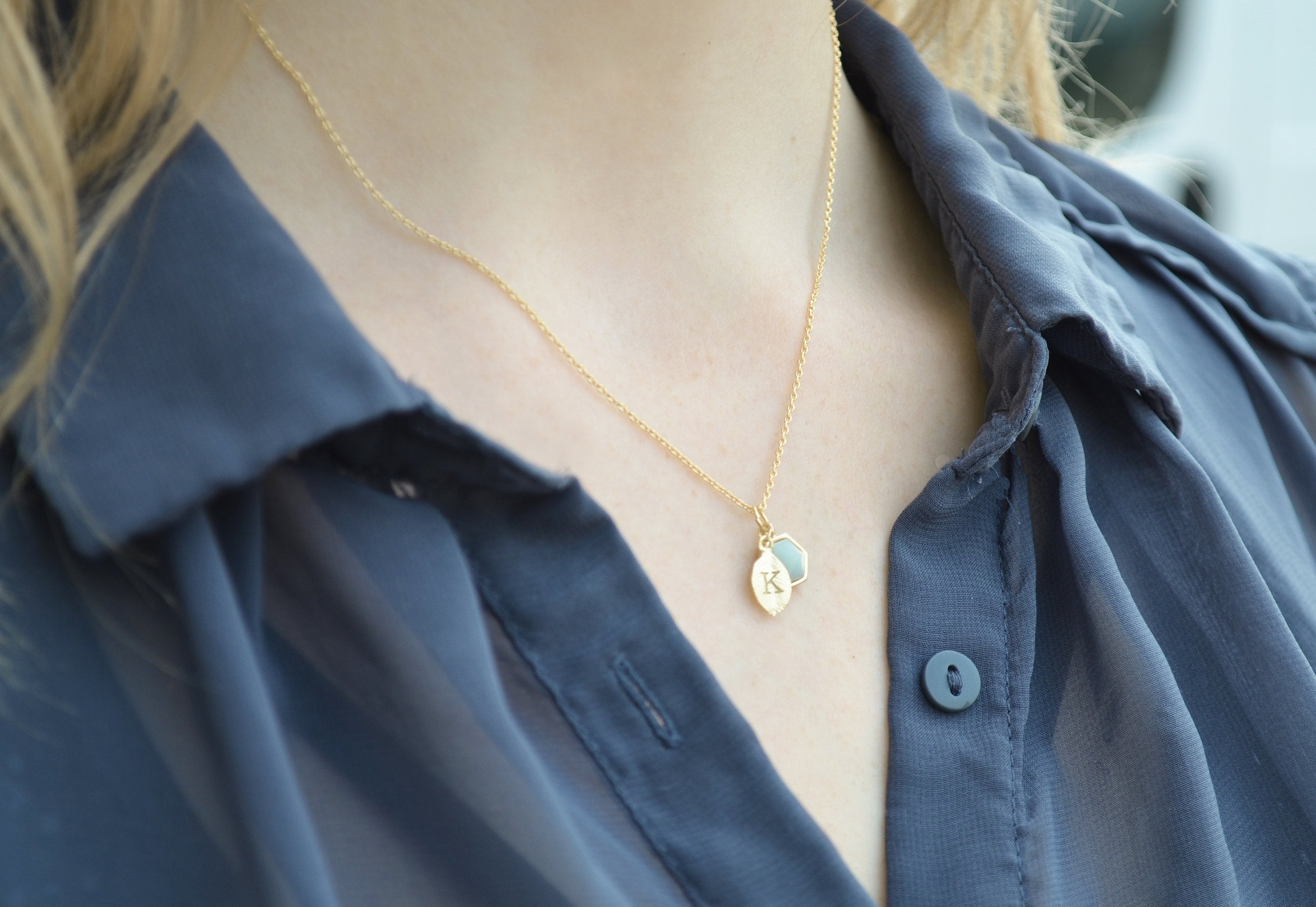 Personalized Hexagon Necklace, Leaf Necklace, Custom Initial Necklace, Birthstone Necklace