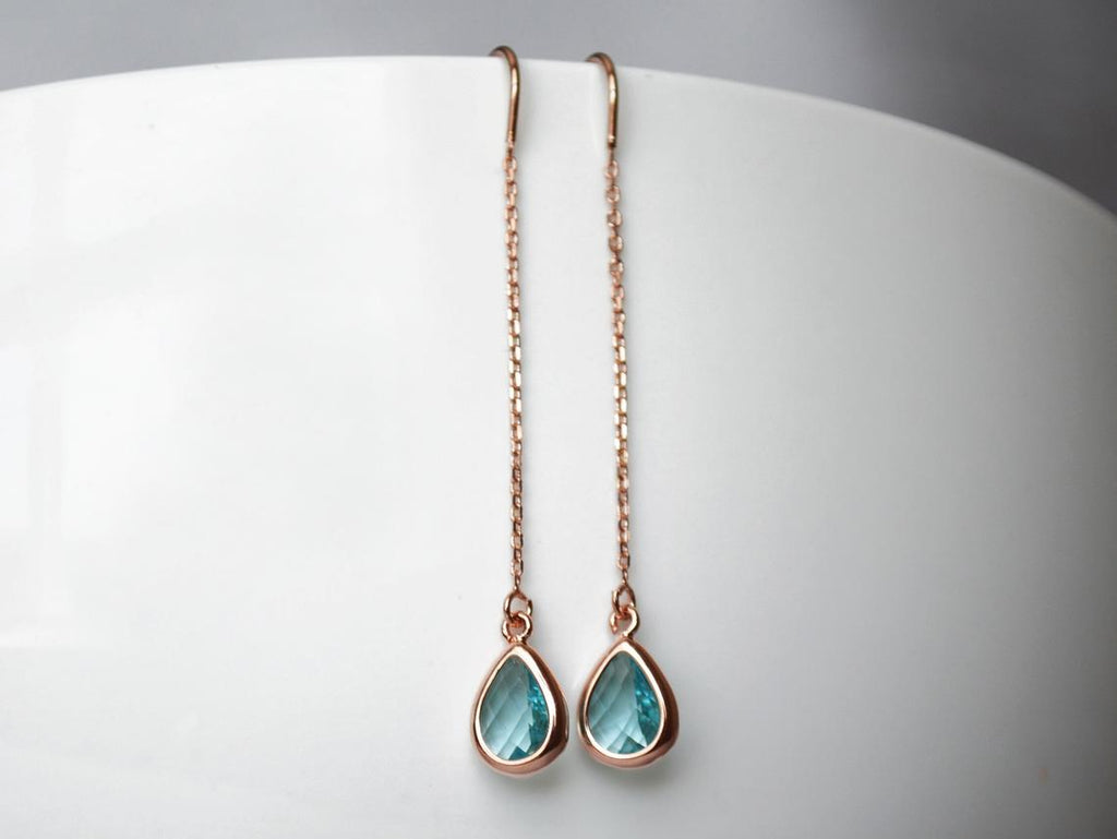 Dainty Aquamarine Birthstone earrings, Threader March Birthstone earrings, Bridesmaid earrings, Threader Tear Drop Earrings, March Birthday Gift