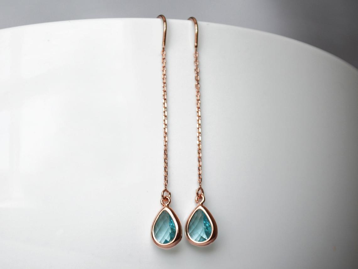 Dainty Aquamarine Birthstone earrings, Threader March Birthstone earrings, Bridesmaid earrings, Threader Tear Drop Earrings, March Birthday Gift