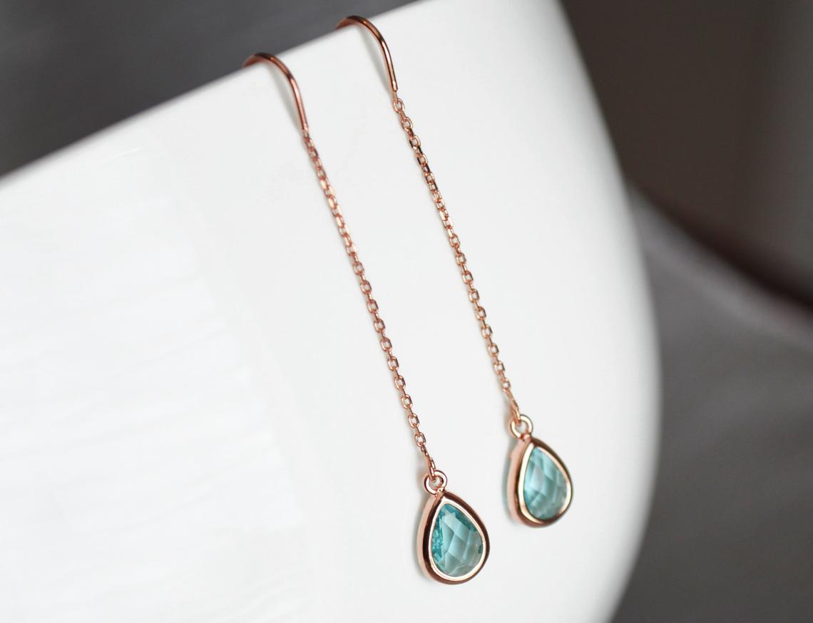 Dainty Aquamarine Birthstone earrings, Threader March Birthstone earrings, Bridesmaid earrings, Threader Tear Drop Earrings, March Birthday Gift
