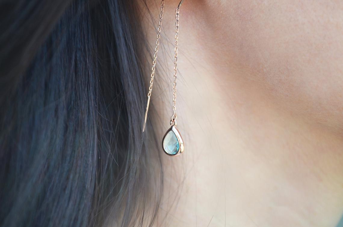 Dainty Aquamarine Birthstone earrings, Threader March Birthstone earrings, Bridesmaid earrings, Threader Tear Drop Earrings, March Birthday Gift