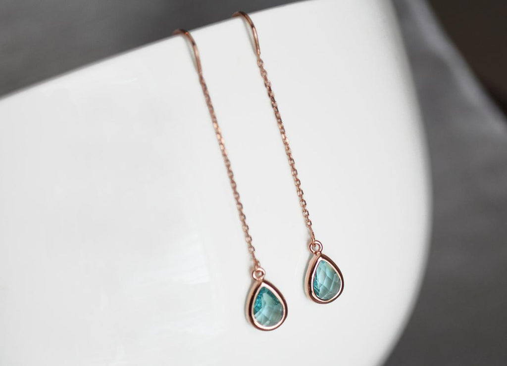 Dainty Aquamarine Birthstone earrings, Threader March Birthstone earrings, Bridesmaid earrings, Threader Tear Drop Earrings, March Birthday Gift