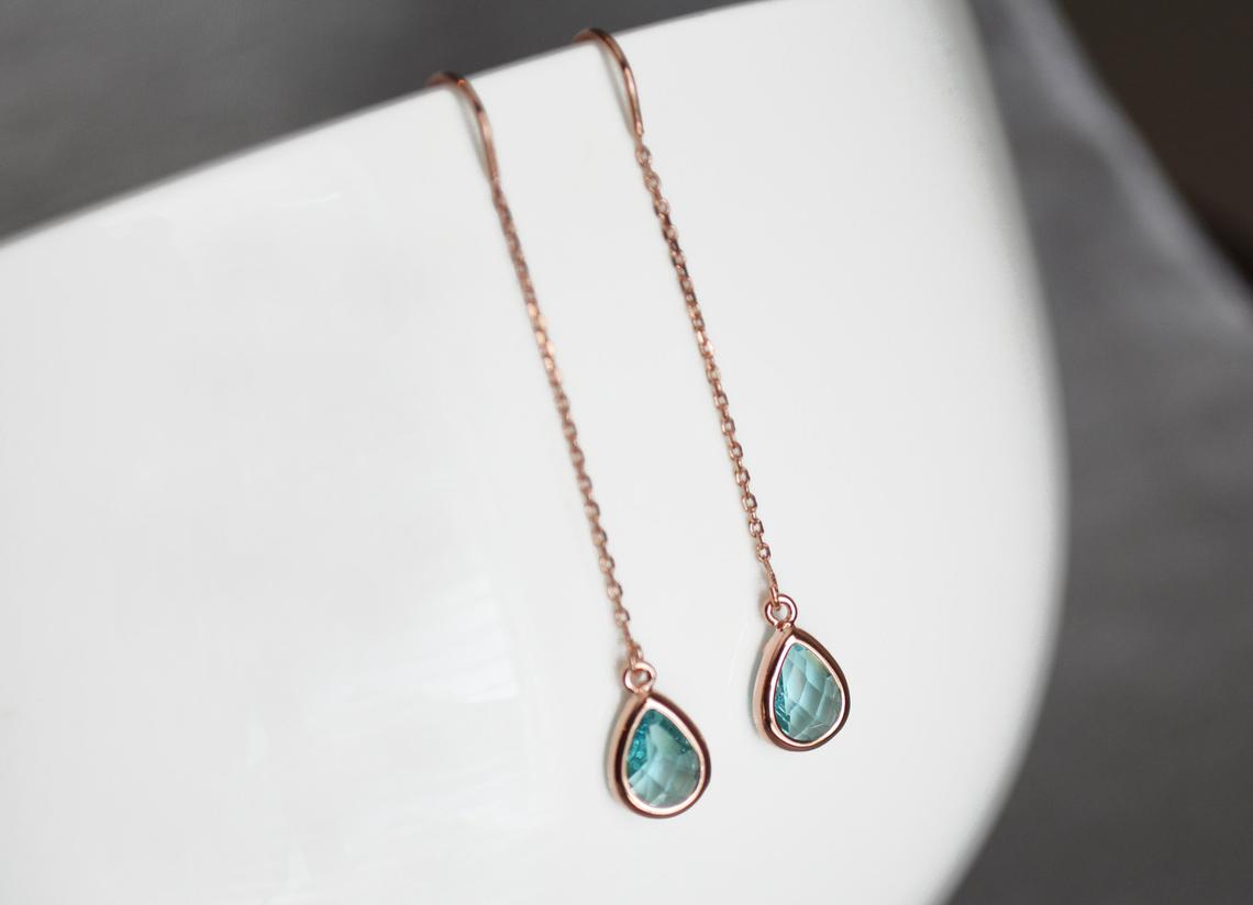 Dainty Aquamarine Birthstone earrings, Threader March Birthstone earrings, Bridesmaid earrings, Threader Tear Drop Earrings, March Birthday Gift