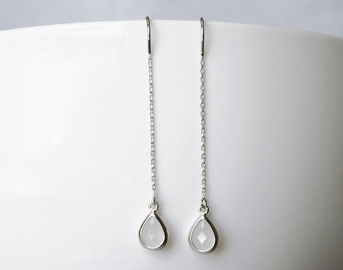 Dainty June Birthstone earrings, Moonstone Drop earrings, Bridesmaid earrings, Threader Tear Drop Earrings, June Birthday Gift