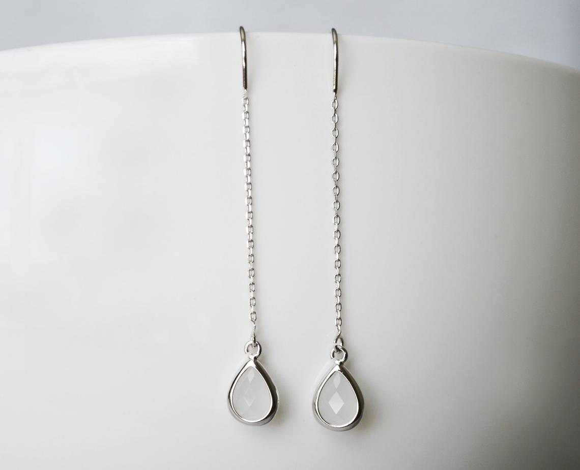 Dainty June Birthstone earrings, Moonstone Drop earrings, Bridesmaid earrings, Threader Tear Drop Earrings, June Birthday Gift