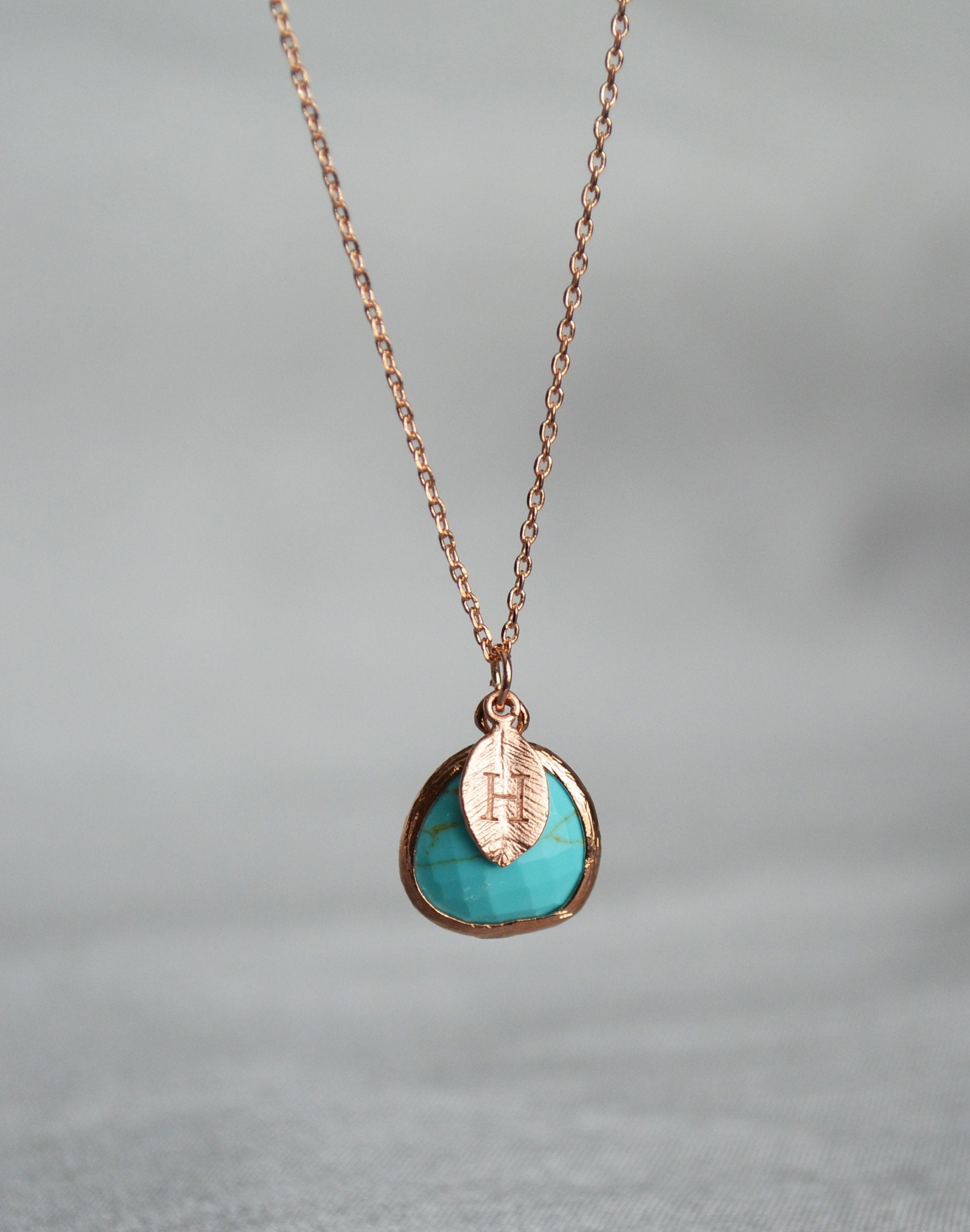December Birthstone Necklace - Turquoise Birthstone Necklace, Custom Initial Necklace