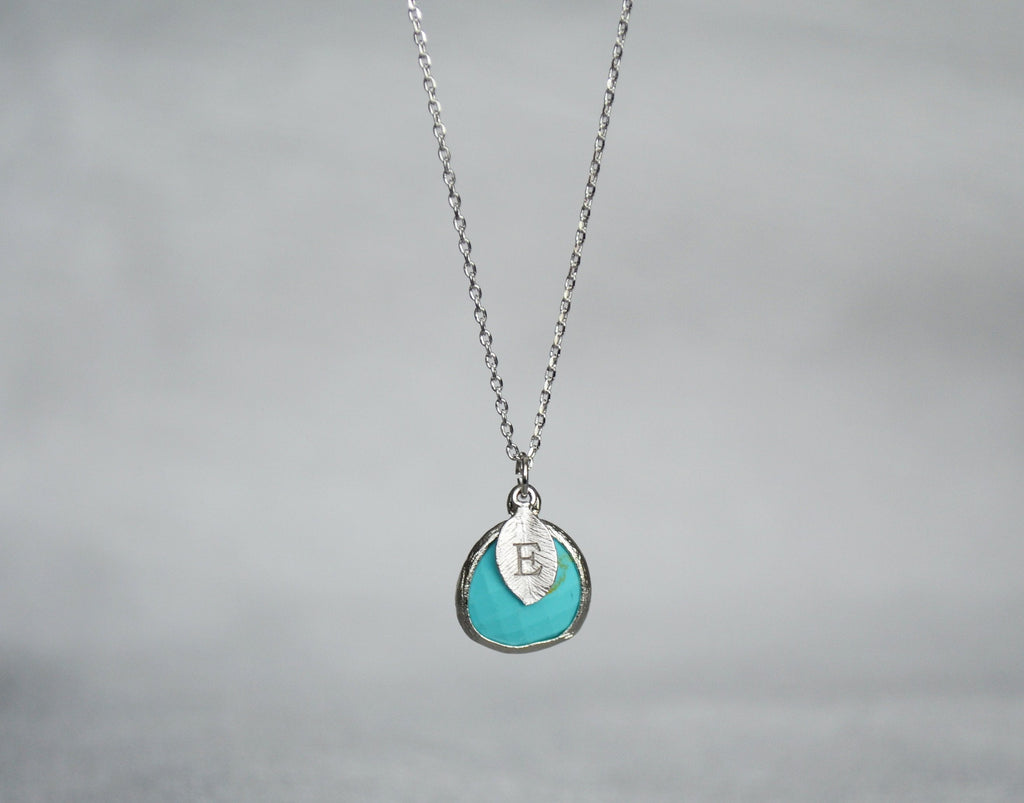 December Birthstone Necklace - Turquoise Birthstone Necklace, Custom Initial Necklace