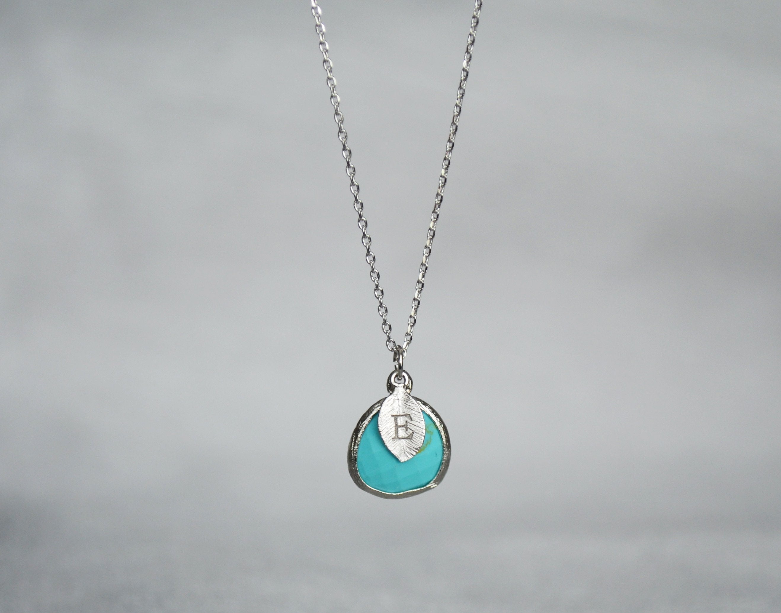 December Birthstone Necklace - Turquoise Birthstone Necklace, Custom Initial Necklace