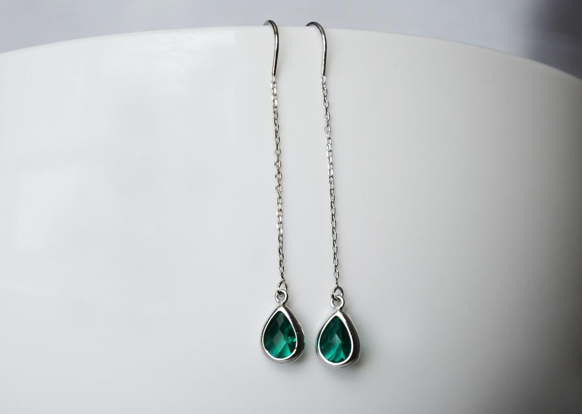 Emerald Birthstone earrings, May Drop earrings, Green Dainty Earrings, Bridesmaid earrings, Threader Tear Drop Earrings, May Birthday Gift