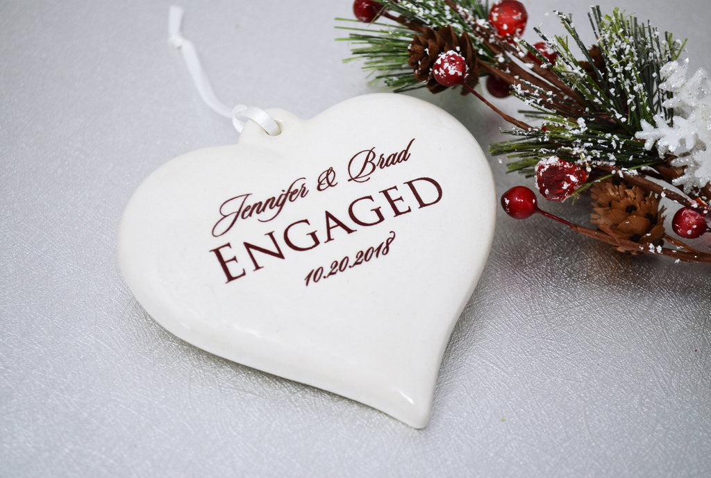 Engagement Ornament - Engagement Gift, Bridal Shower Gift, or Christmas Gift - Heart Shaped With Names and Date