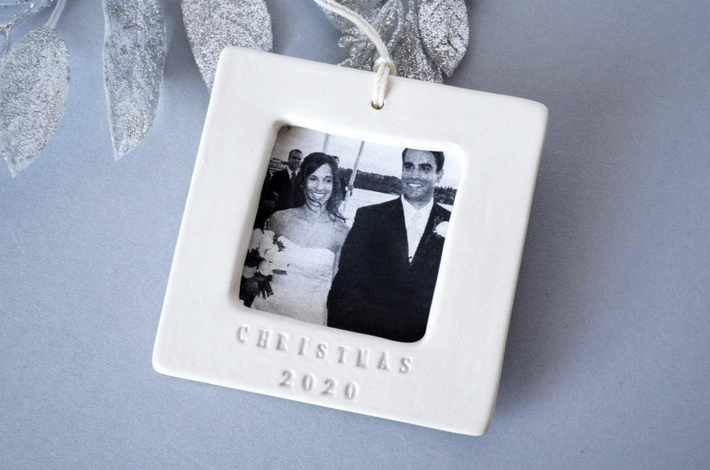 Personalized Photo Frame Ornament - Square Ceramic Frame with Custom Text