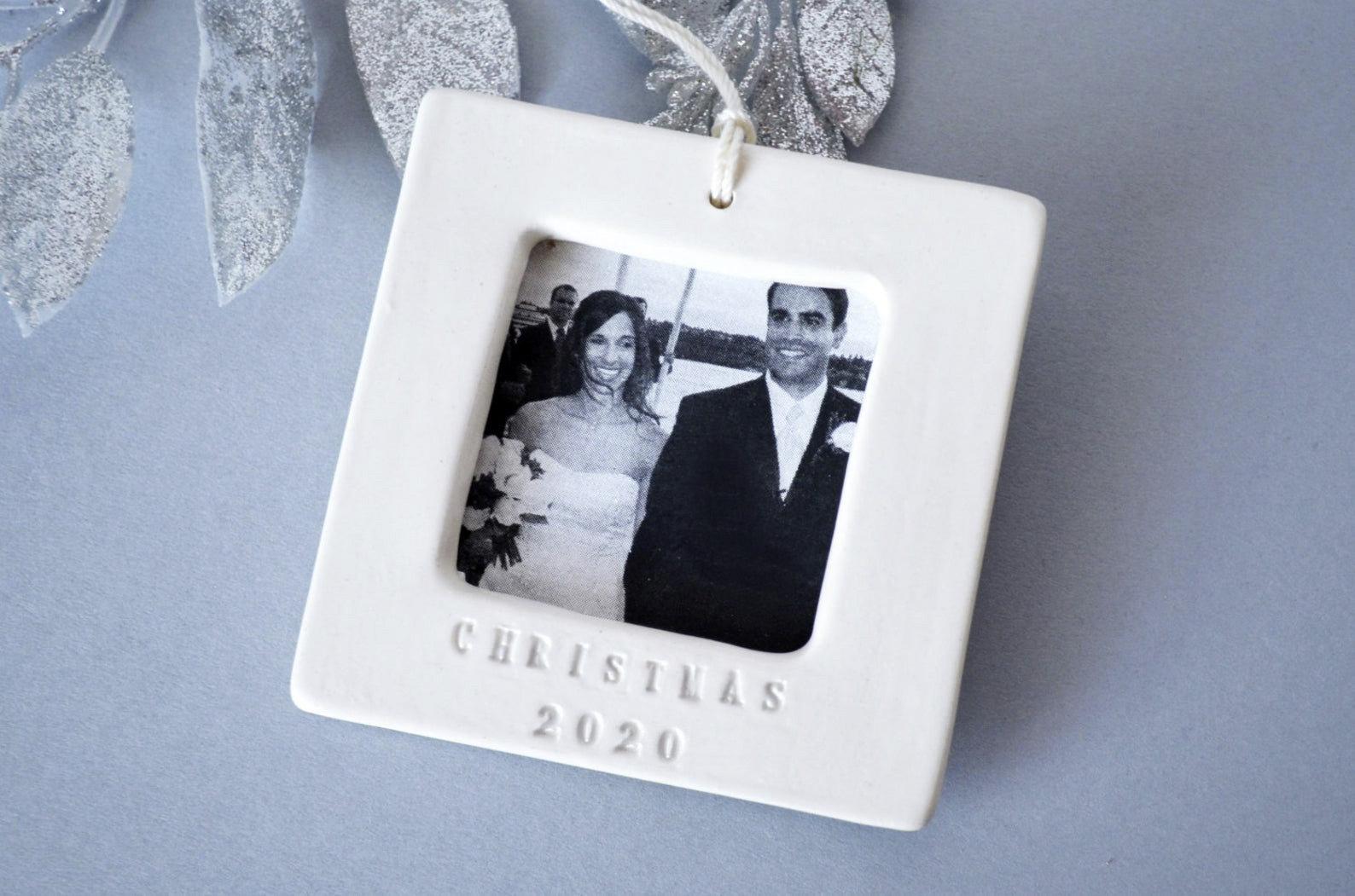 Personalized Photo Frame Ornament - Square Ceramic Frame with Custom Text