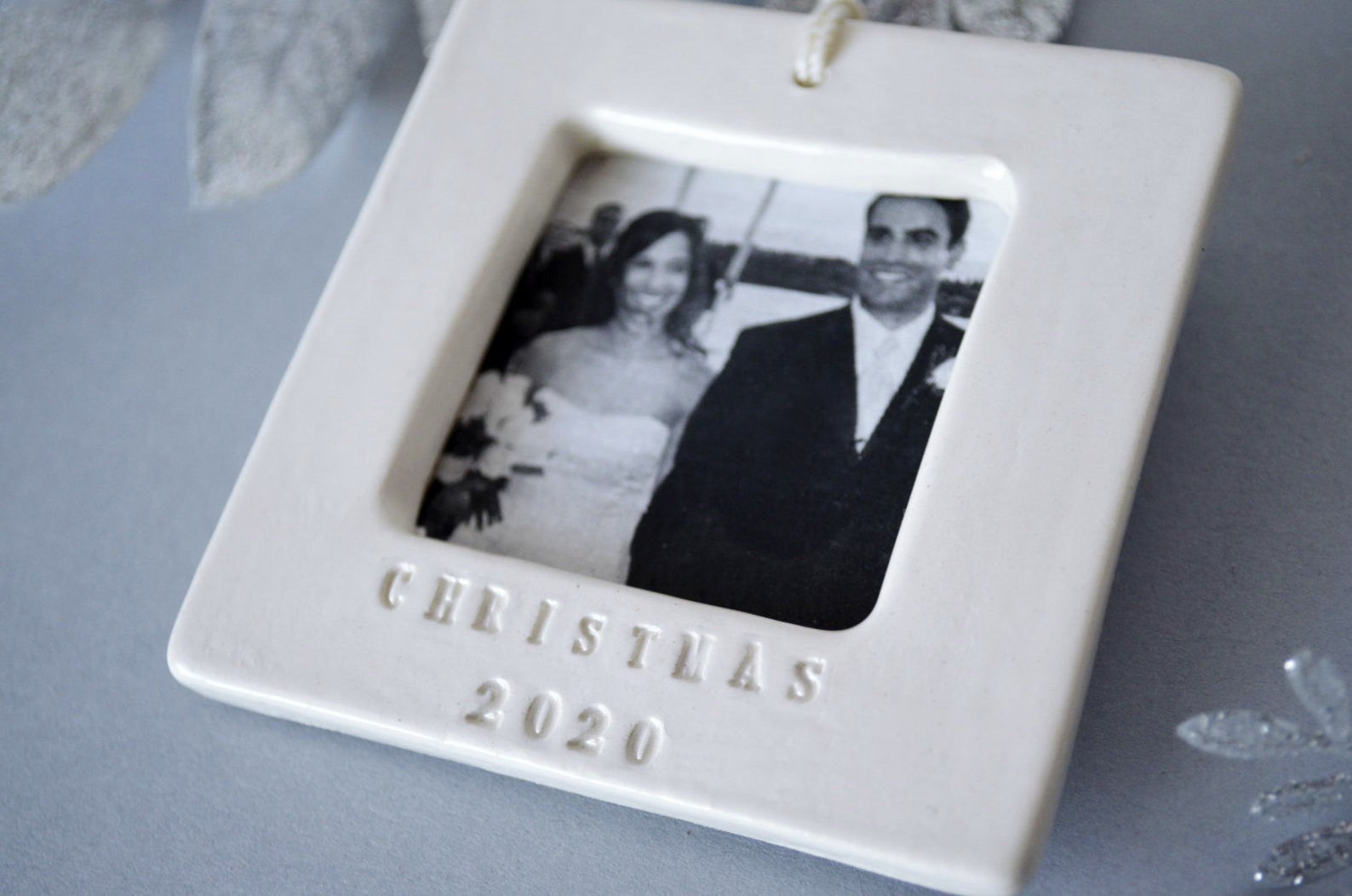 Personalized Photo Frame Ornament - Square Ceramic Frame with Custom Text