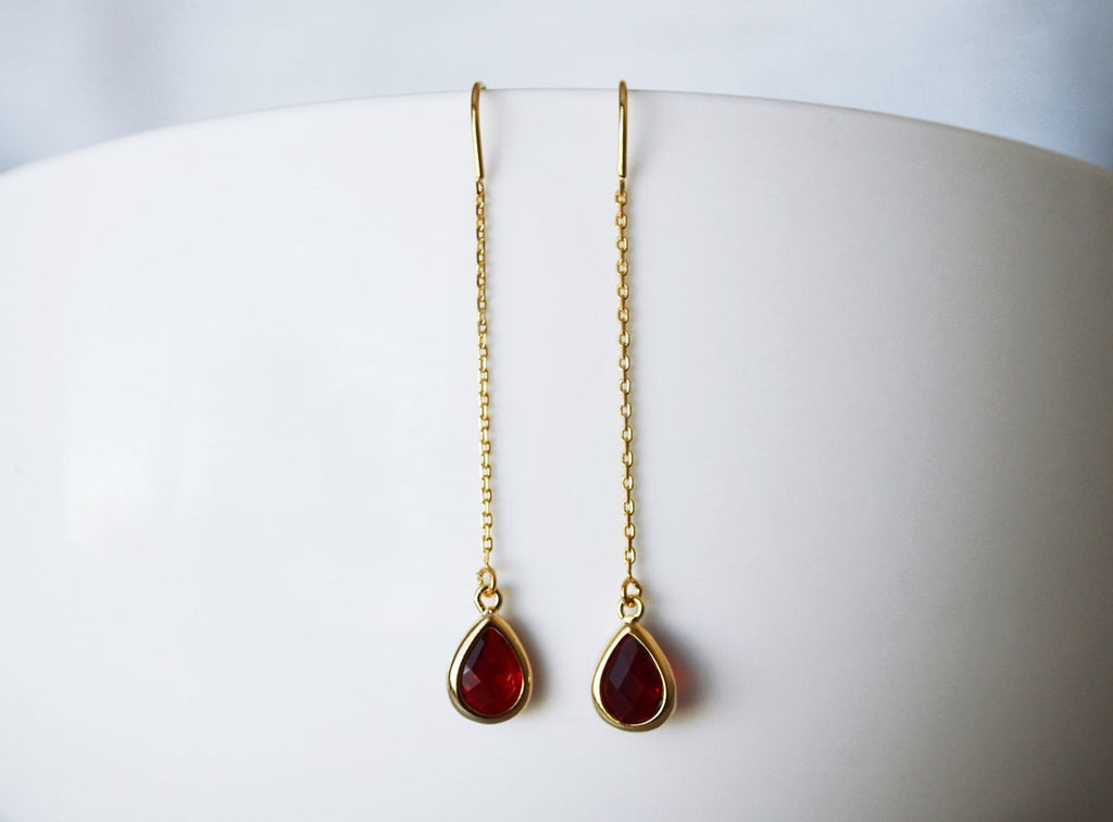 Garnet Threader Drop earrings, Dainty January Birthstone earrings, Garnet Drop earrings, Bridesmaid earrings, January Birthday Gift