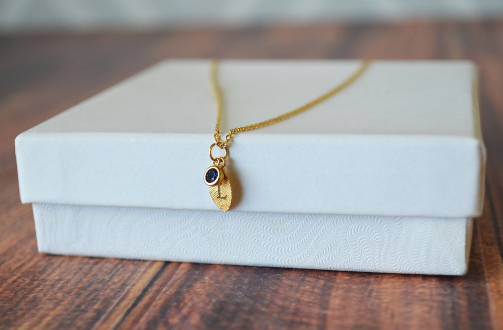 Gold Leaf Necklace, Birthstone Necklace, Mother's Day Gift, Bridesmaid Gift, Personalized Necklace, Birthday Gift, Necklace with Birthstone