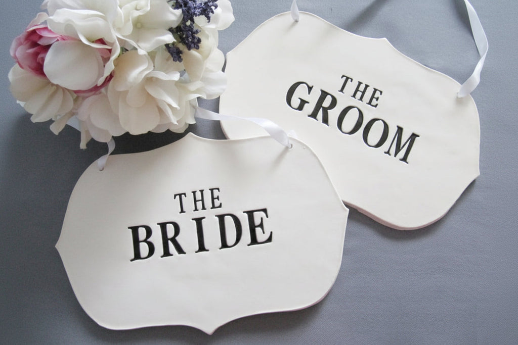 Large The Bride & The Groom Wedding Sign Set to Hang on Chair and Use as Photo Prop