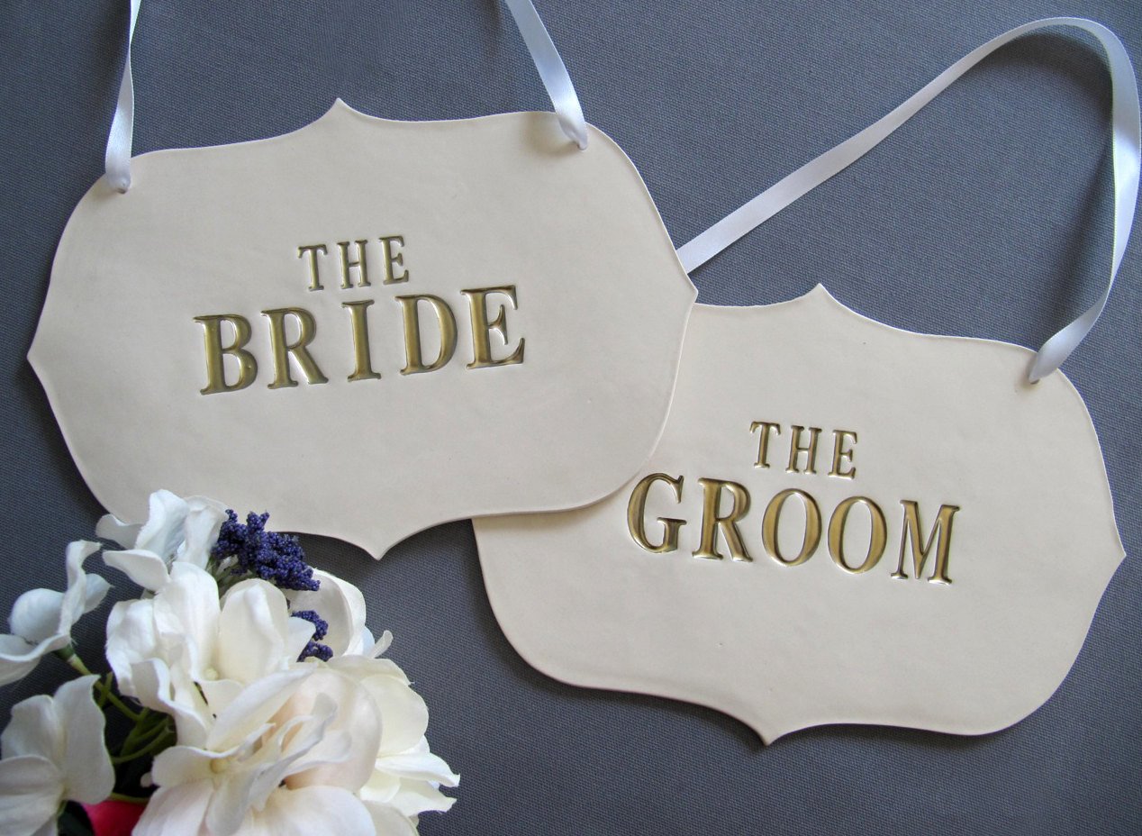 Large The Bride & The Groom Wedding Sign Set to Hang on Chair and Use as Photo Prop - Available in Gold, Silver, Black, & White