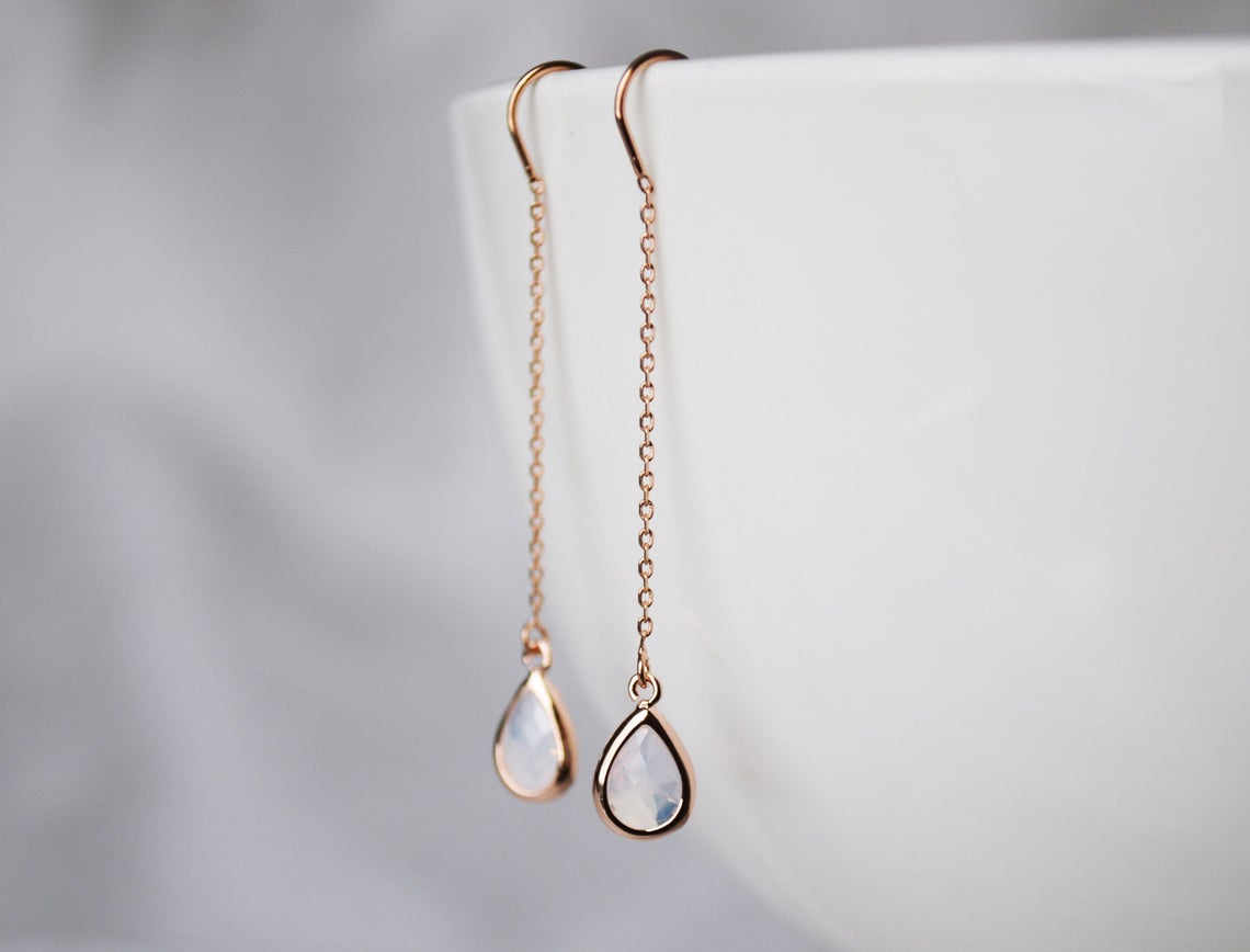 Light Pink Opal Threader Drop earrings, Dainty October Birthstone earrings, October Drop earrings, Bridesmaid earrings, Birthday Gift