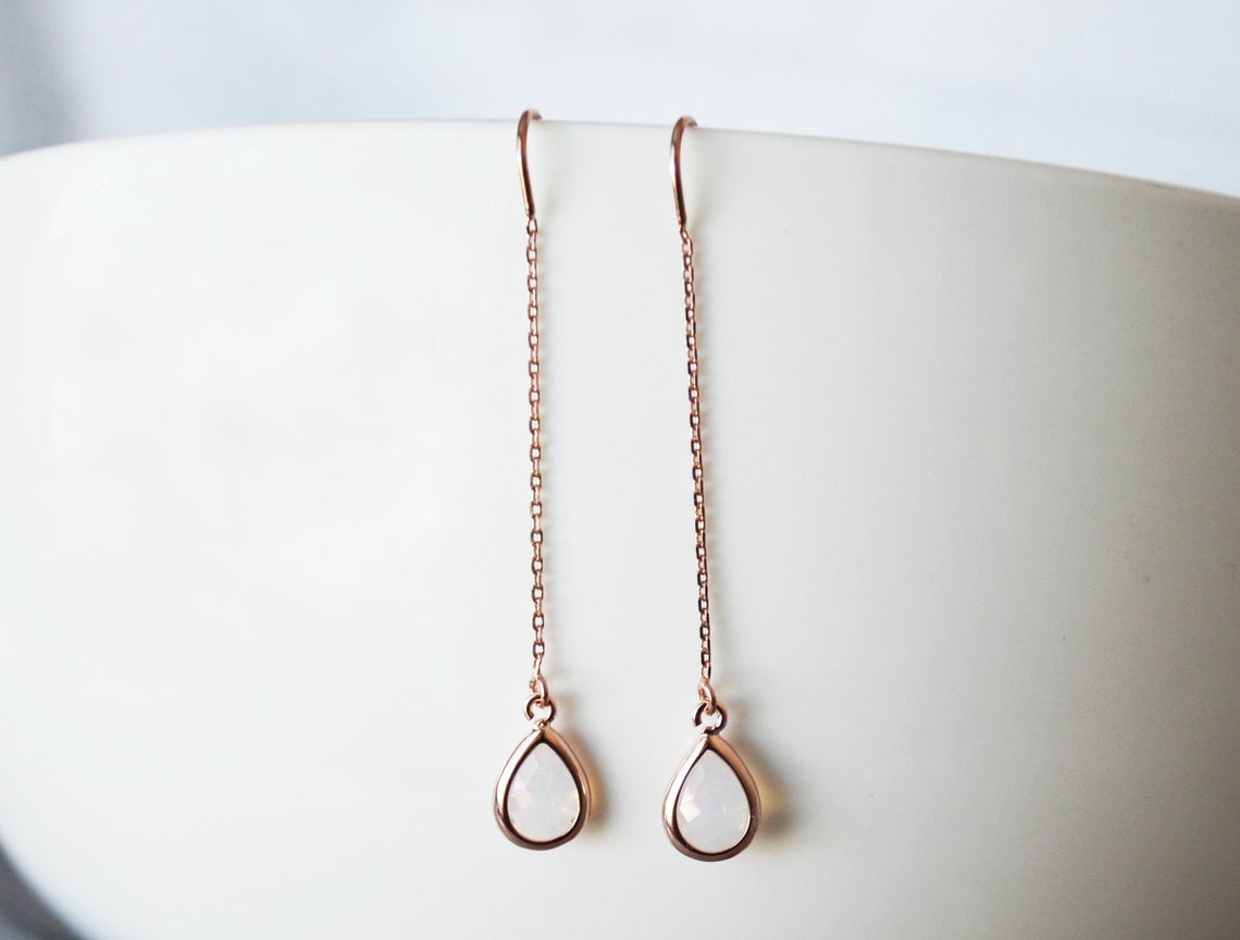 Light Pink Opal Threader Drop earrings, Dainty October Birthstone earrings, October Drop earrings, Bridesmaid earrings, Birthday Gift