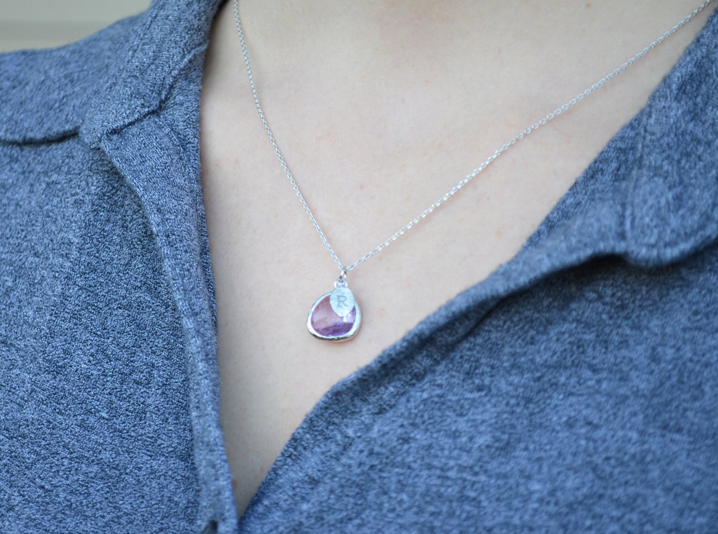 Lilac Stone Necklace - February Birthstone Necklace, Aquarius Necklace, Custom Initial Necklace