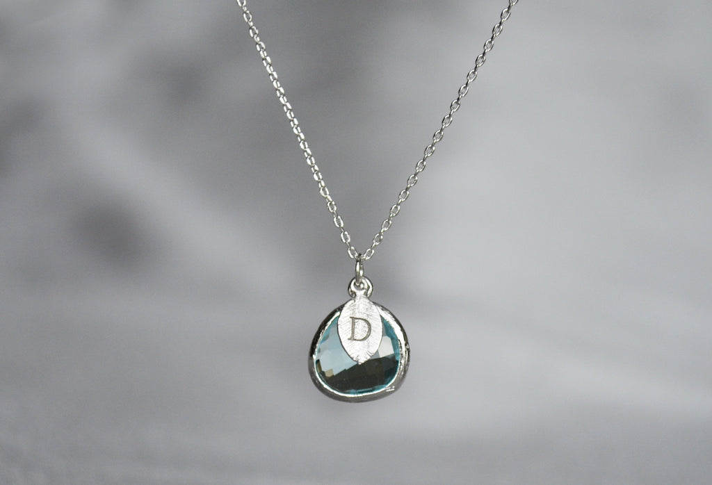 March Birthstone Necklace - Personalized Aquamarine Necklace, Custom Initial Necklace