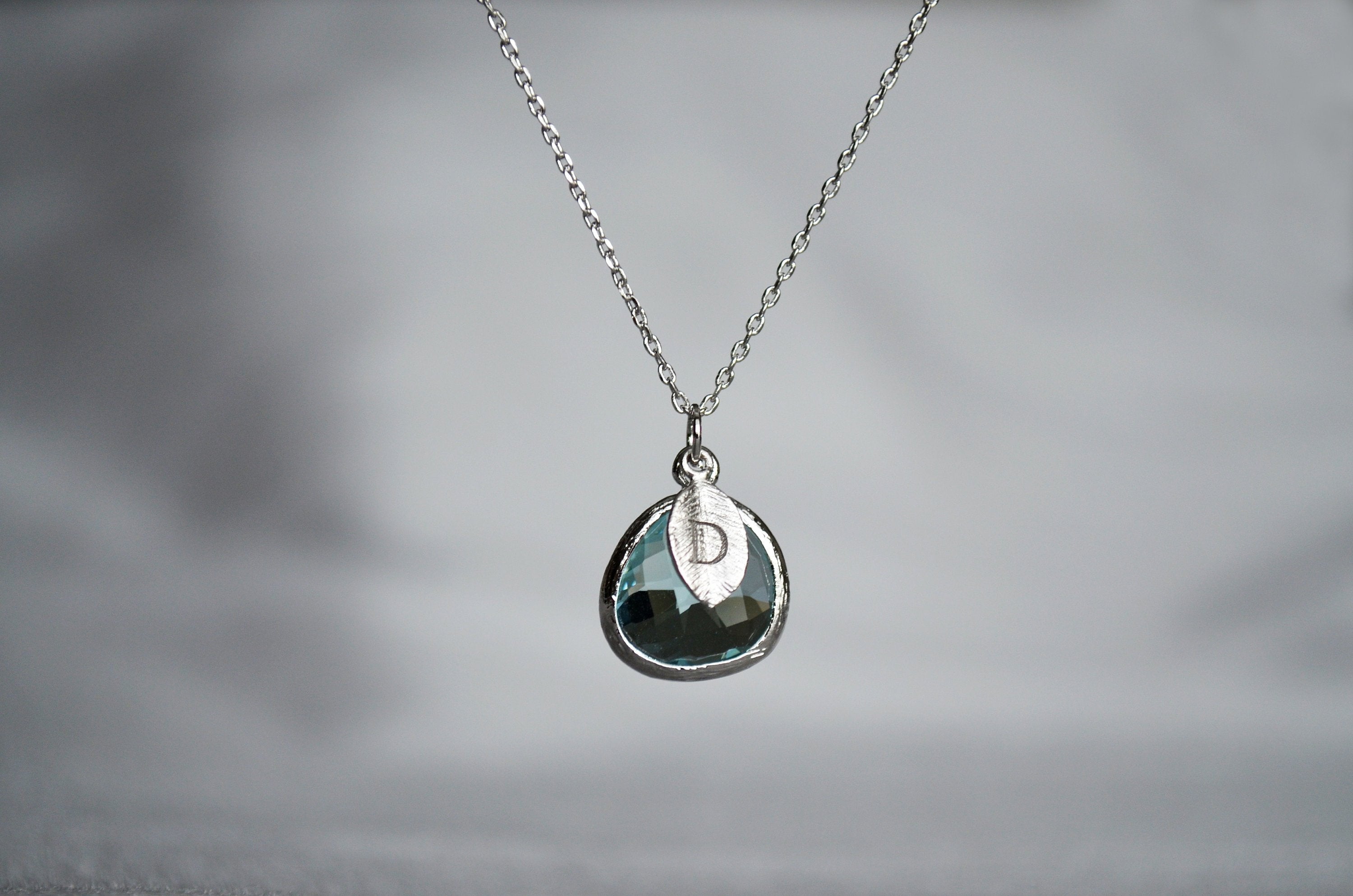 March Birthstone Necklace - Personalized Aquamarine Necklace, Custom Initial Necklace