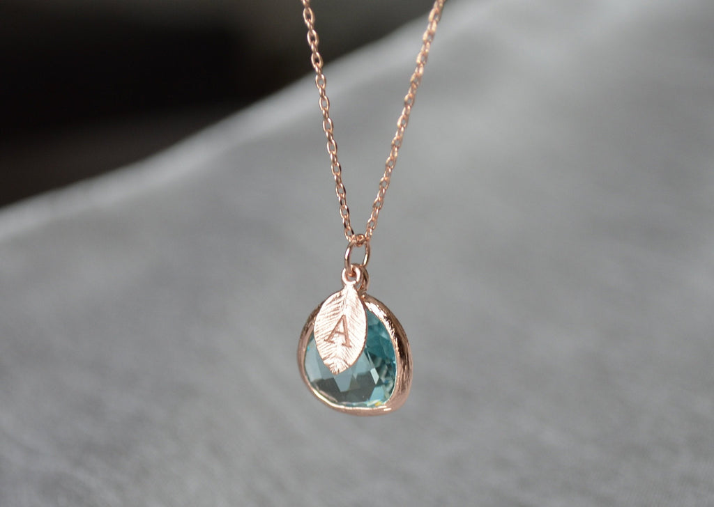 March Birthstone Necklace - Personalized Aquamarine Necklace, Custom Initial Necklace