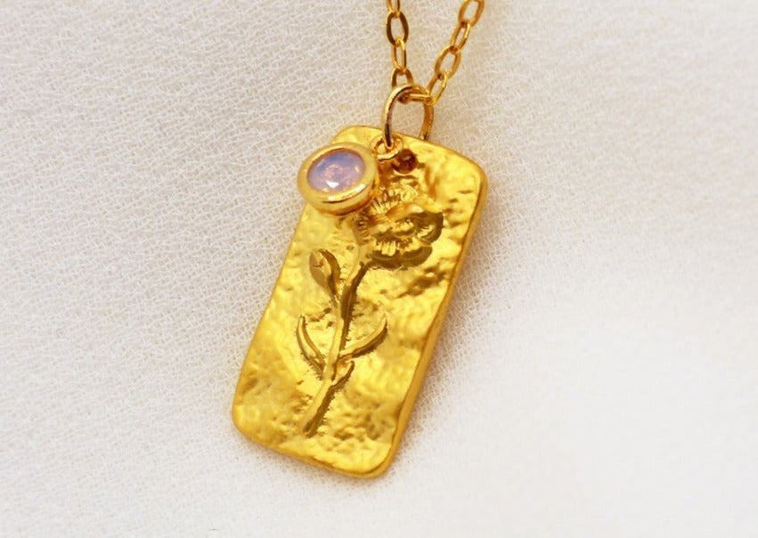 October Birth Flower Necklace, Birthstone Stone Necklace, Marigold Birth Flower Necklace, Mom Gift, Personalized Necklace, Push Present