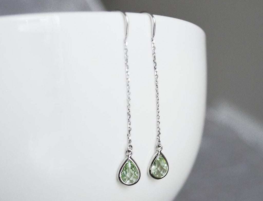Peridot Threader Drop earrings, Light Green August Birthstone earrings, Peridot Drop earrings, Bridesmaid earrings, August Birthday Gift
