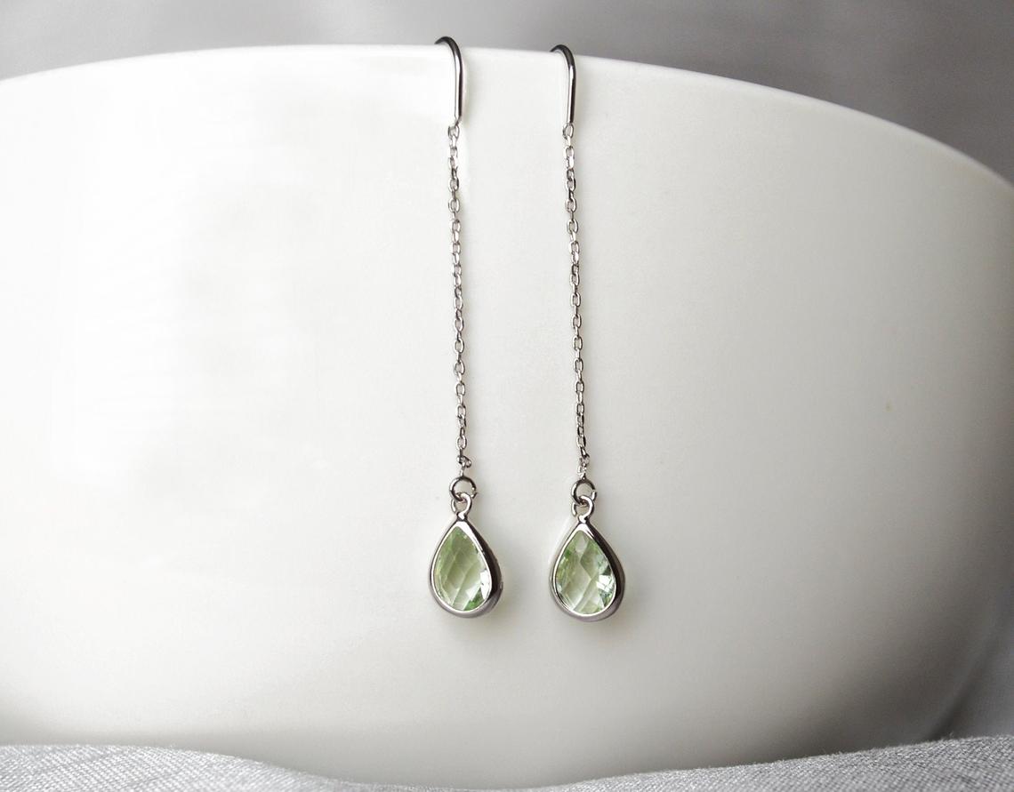 Peridot Threader Drop earrings, Light Green August Birthstone earrings, Peridot Drop earrings, Bridesmaid earrings, August Birthday Gift