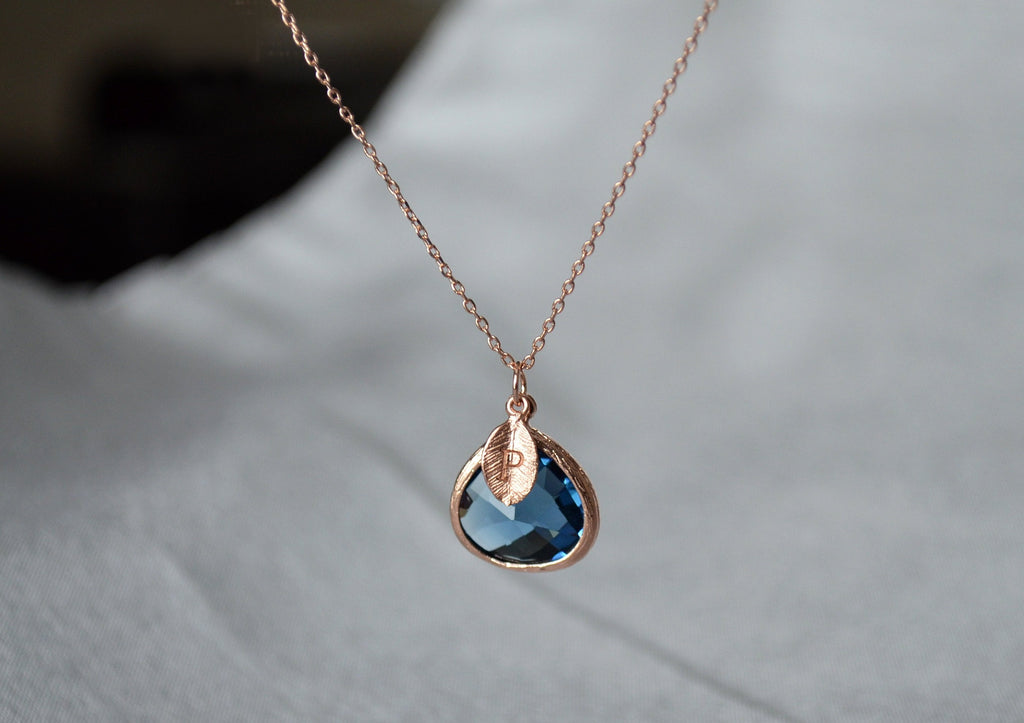 Sapphire Necklace, Sept. Birthstone, Leaf Charm