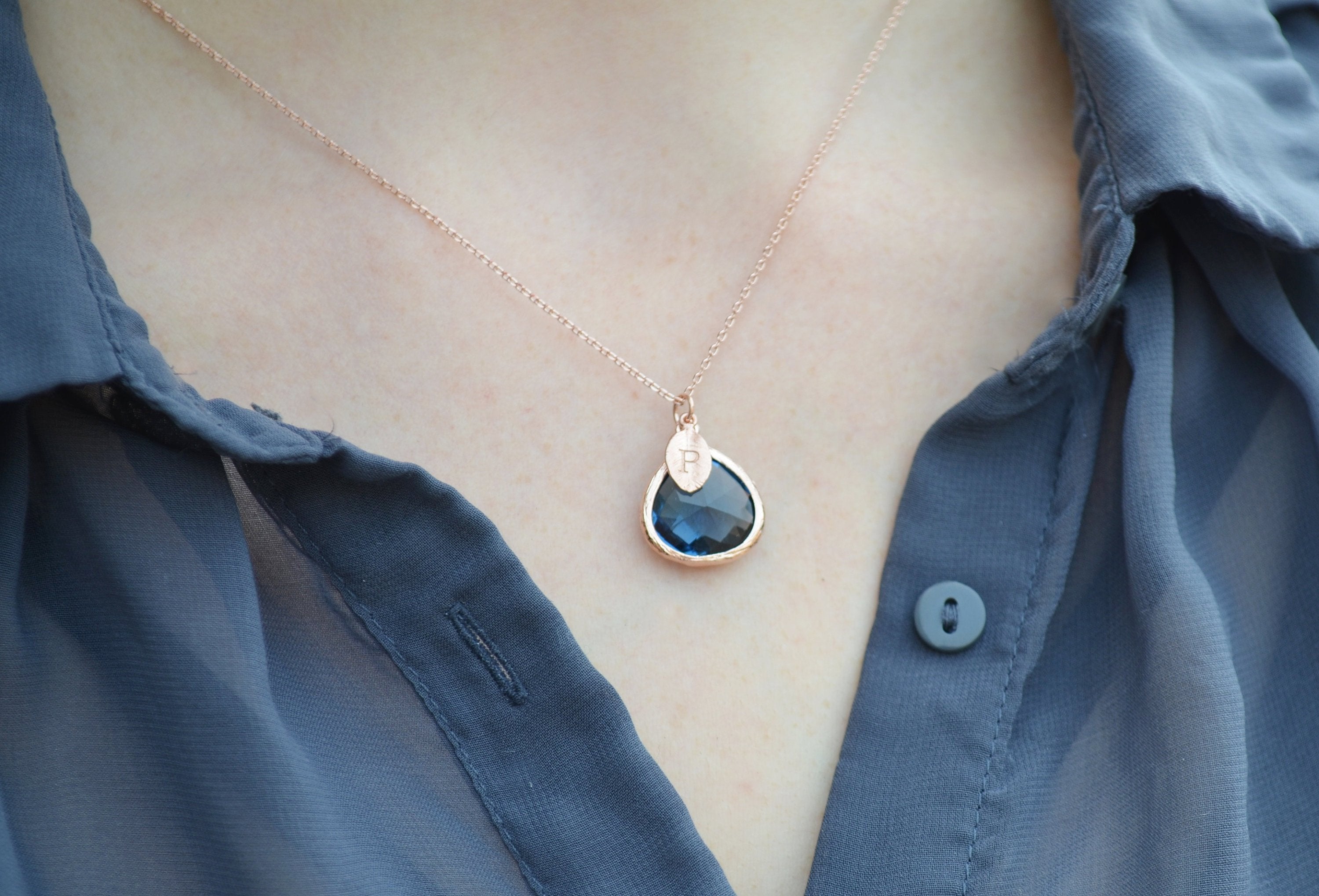 Sapphire Necklace, Sept. Birthstone, Leaf Charm