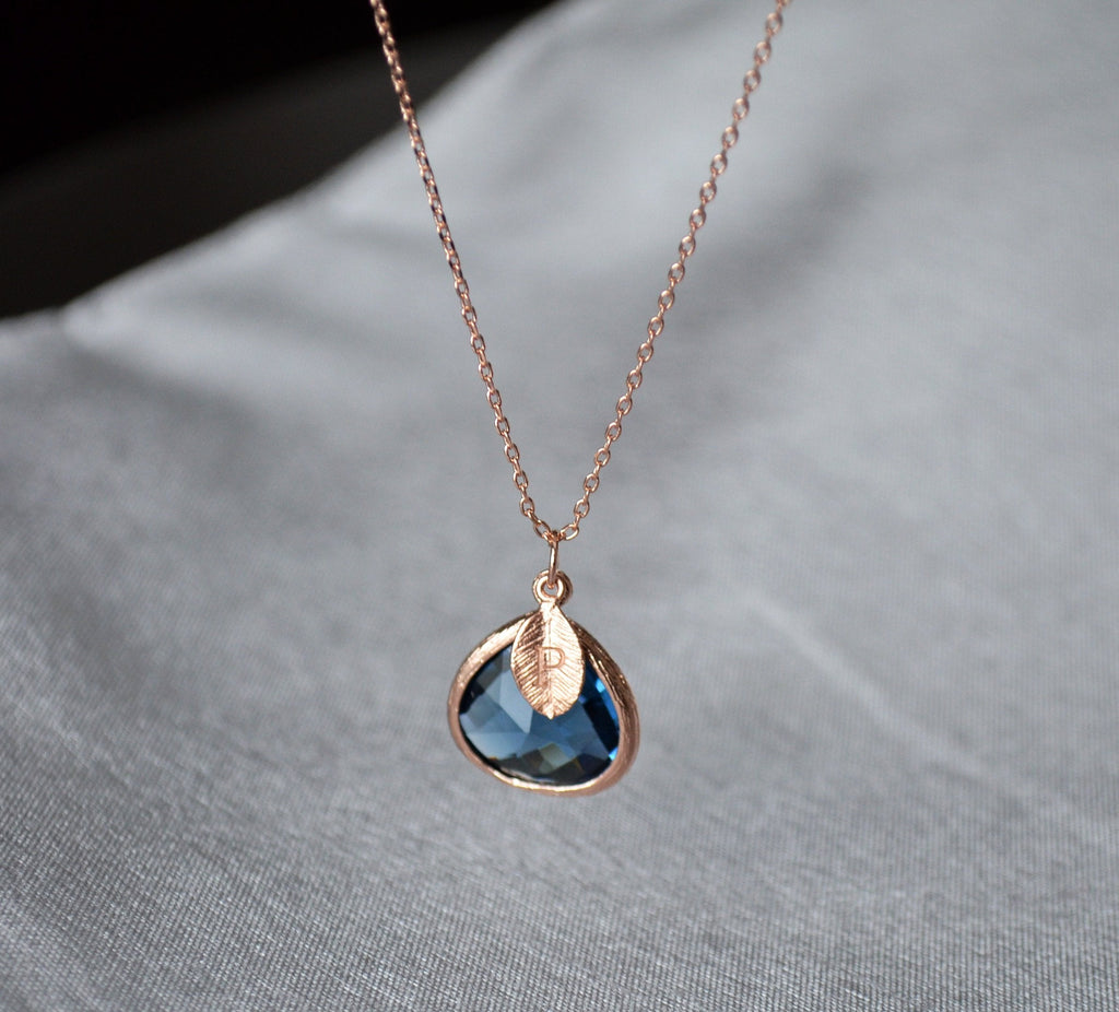 Sapphire Necklace, Sept. Birthstone, Leaf Charm