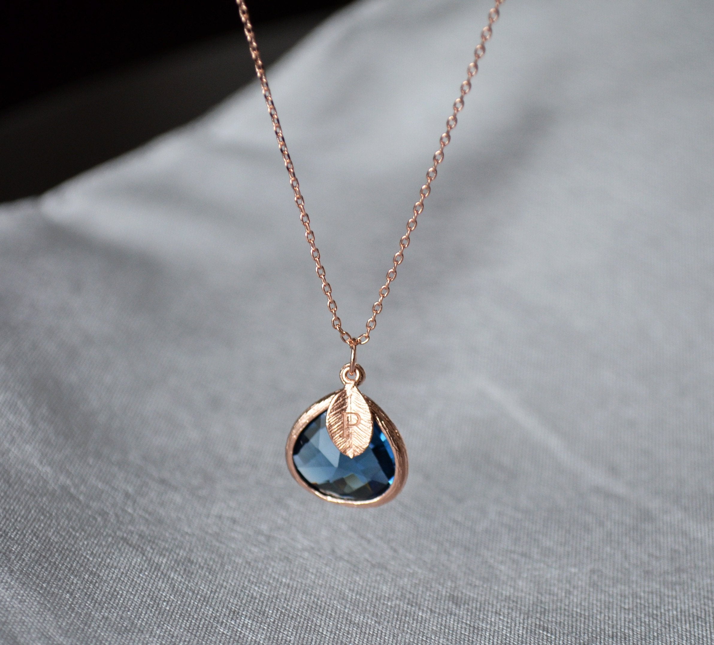Sapphire Necklace, Sept. Birthstone, Leaf Charm, Rose Gold