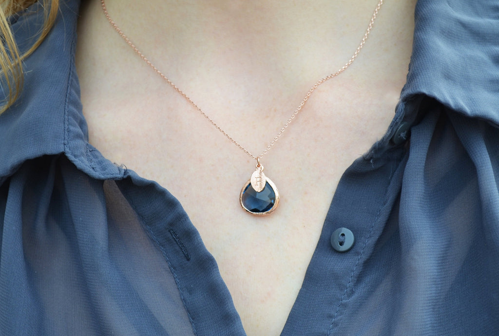 Sapphire Necklace, Sept. Birthstone, Leaf Charm