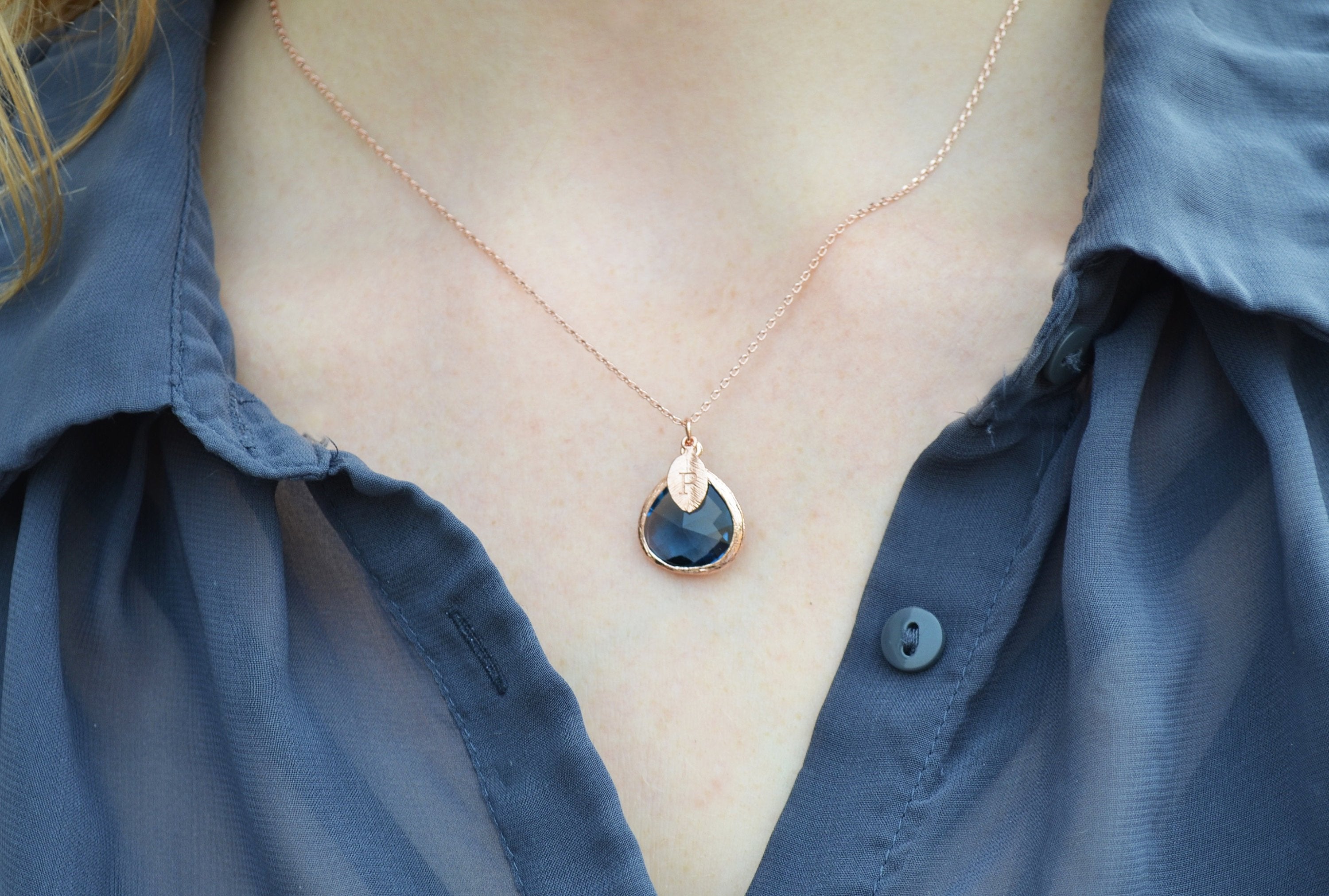 Sapphire Necklace, Sept. Birthstone, Leaf Charm