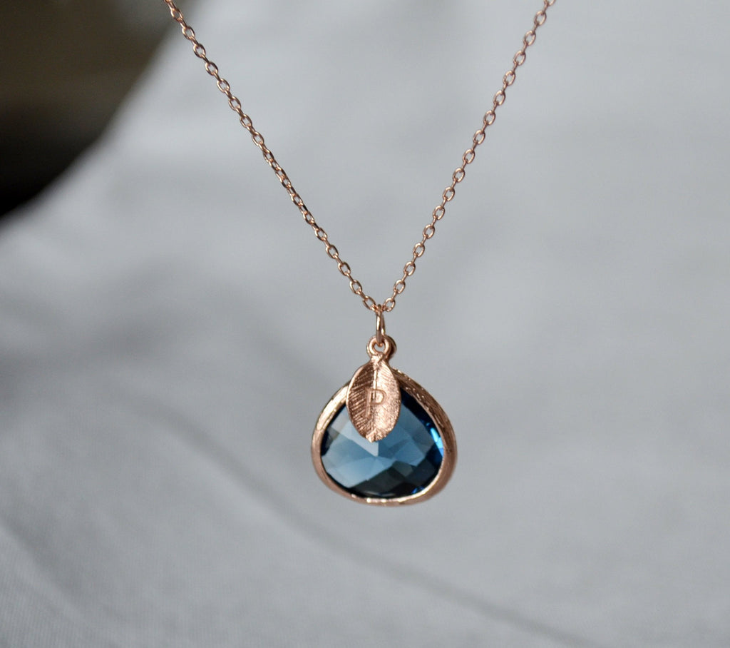 Sapphire Necklace, Sept. Birthstone, Leaf Charm