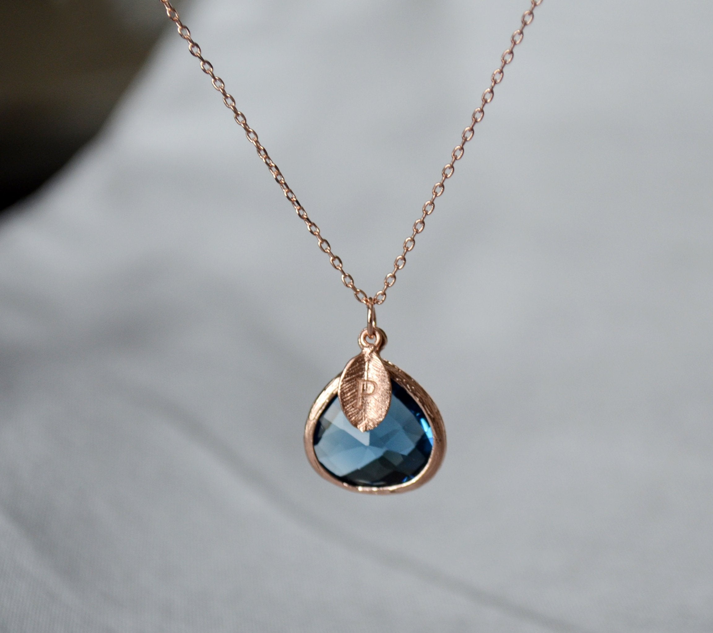 Sapphire Necklace, Sept. Birthstone, Leaf Charm