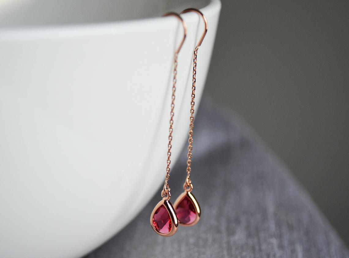 Ruby Threader Drop earrings, Dainty July Birthstone earrings, Ruby Drop earrings, Bridesmaid earrings, July Birthday Gift