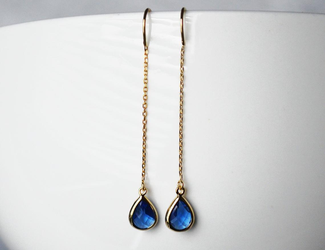 Sapphire Threader Drop earrings, Dainty September Birthstone earrings, Sapphire Drop earrings, Bridesmaid earrings, September Birthday Gift