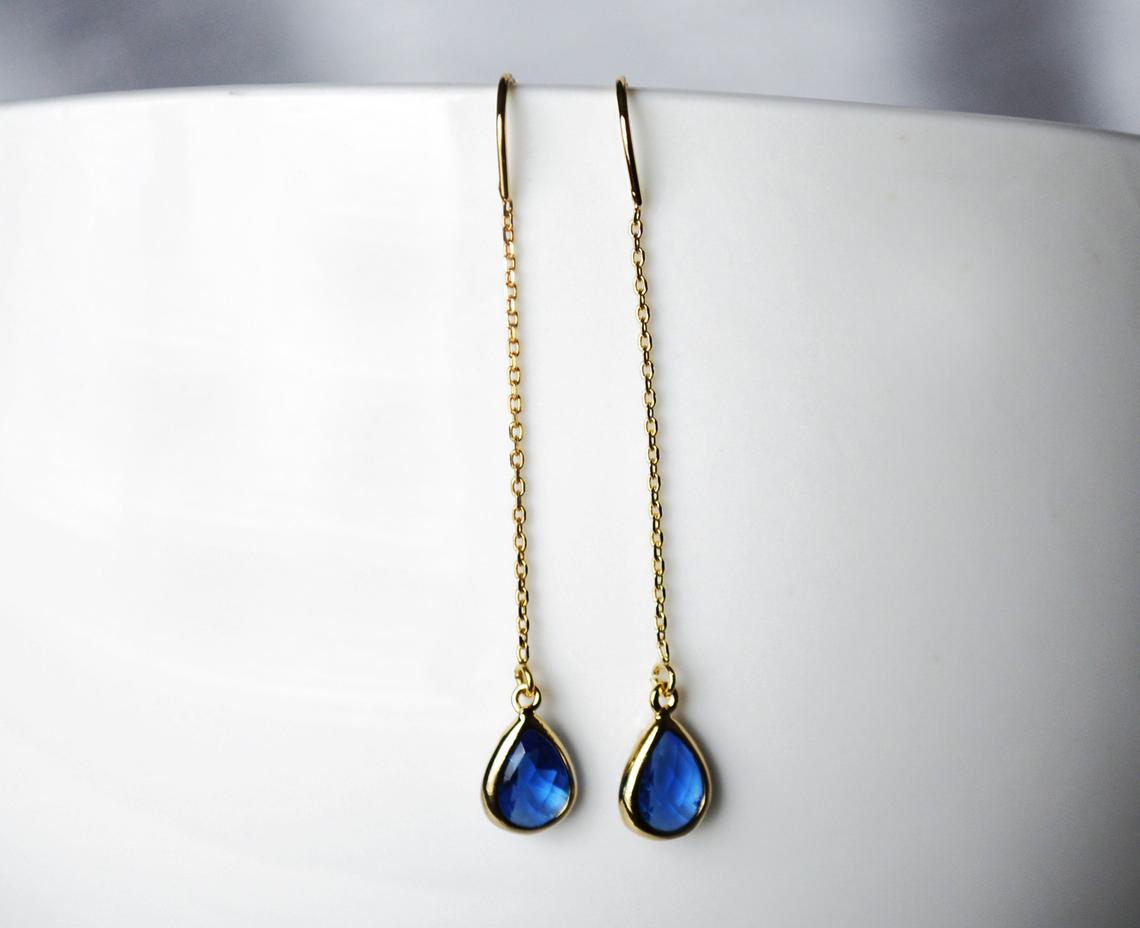 Sapphire Threader Drop earrings, Dainty September Birthstone earrings, Sapphire Drop earrings, Bridesmaid earrings, September Birthday Gift