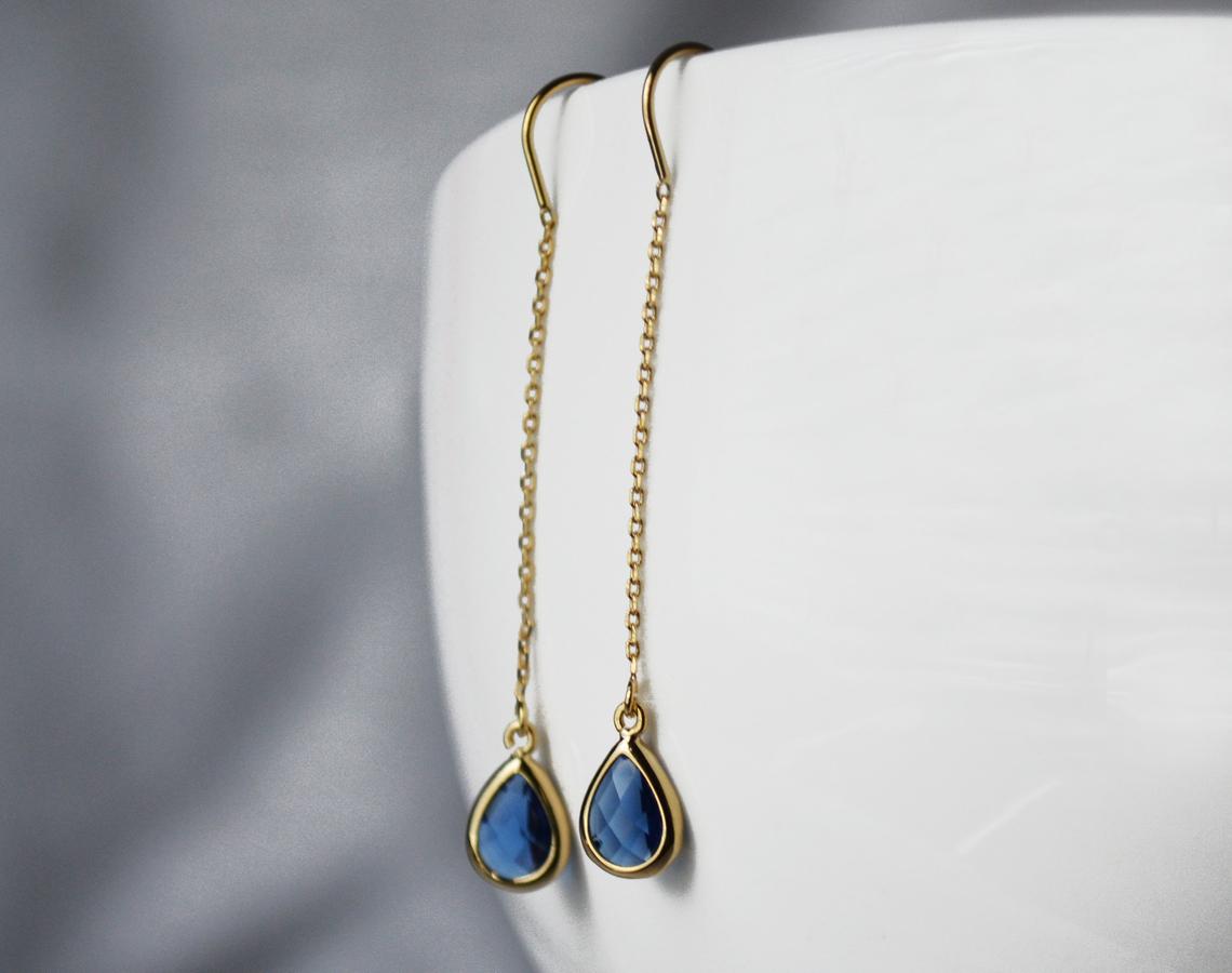 Sapphire Threader Drop earrings, Dainty September Birthstone earrings, Sapphire Drop earrings, Bridesmaid earrings, September Birthday Gift